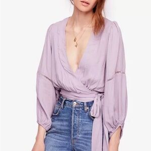 FREE PEOPLE Dream Girl Plunging Wrap Top Purple Lilac Long Sleeve Blouse Sz XS